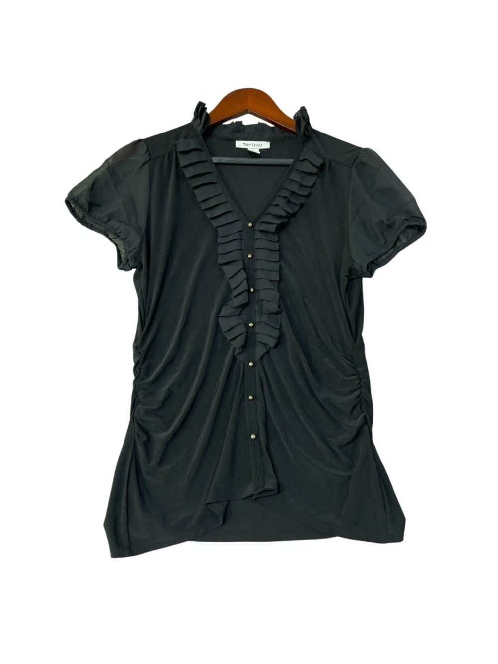 White House Black Market Women's L Black Ruffle Front Top Short Sleeve